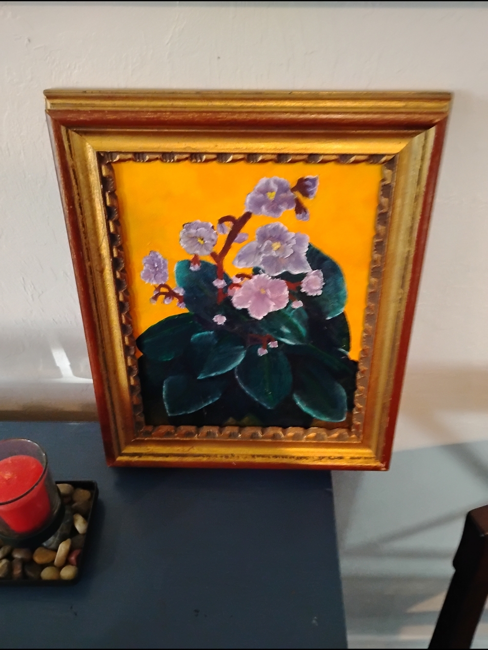 Framed Floral Painting with Gold Frame - Yellow Background, purple Flowers